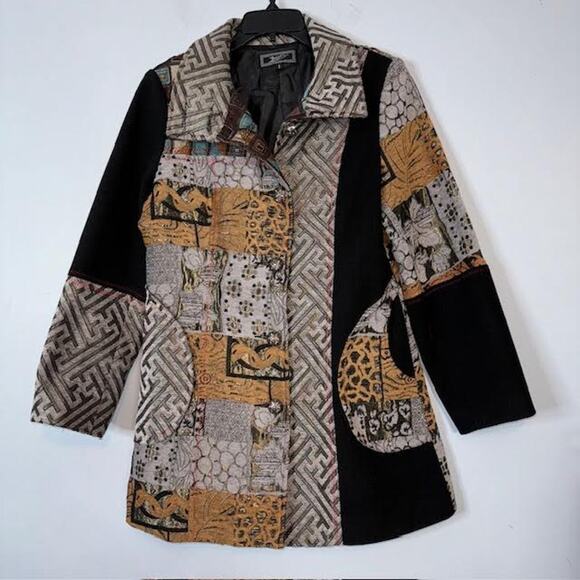 Zashi Women's Black & Beige Abstract Patchwork Jacket Long Sleeves Collar Small - Picture 3 of 6